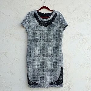KARL LAGERFELD Paris Tweed Knit Lace-Trim Sheath Dress Size 14
